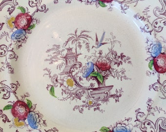 19th.c Ironstone Florilla Pattern Dinner Plate Edward Challimor, c.1842-1867, bird plate, crane plate, transfer ware dinner plate