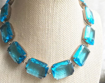 aqua aquamarine blue statement Necklace, Georgian collet necklace, Anna Wintour choker necklace, edwardian jewelry, chunky choker in blue