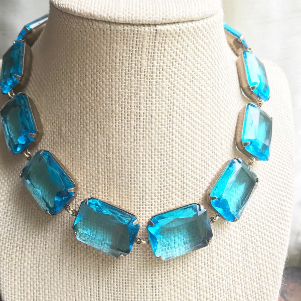 aqua aquamarine blue statement Necklace, Georgian collet necklace, Anna Wintour choker necklace, edwardian jewelry, chunky choker in blue