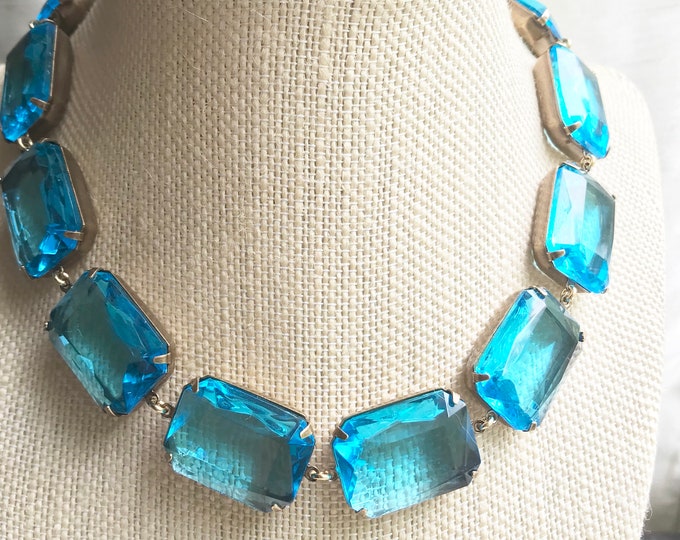 Aquamarine Blue Rhinestone Choker Necklace: Georgian Collet Style