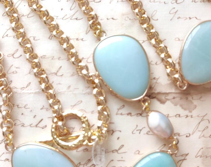 Chunky gold toggle aqua chalcedony Gemstone and freshwater pearl necklace by Sacred Cake
