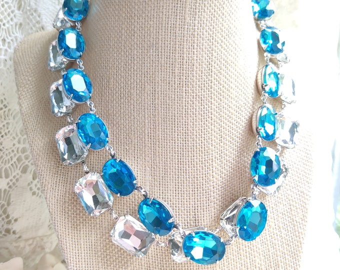 Aqua Crystal Statement Necklace: Silver Plated Georgian Style