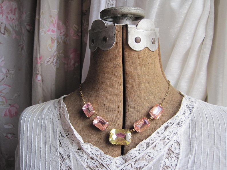 pink yellow Statement Necklace, vintage pink, Georgian, Edwardian, collet, Anna Wintour style, pink and yellow necklace. Morning Sun image 4