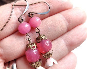Shabby Chic Pink Beaded Dangle Earrings: Metal Flower Assemblage Jewelry
