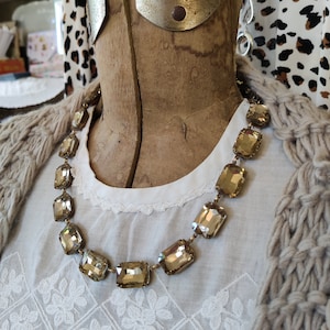 Anna Wintour neutral crystal collet necklace, light brown smoky topaz set Georgian style collet by Sacred Cake originals since 2010