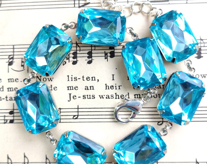 Aquamarine Rhinestone Bracelet: Silver Statement Cuff