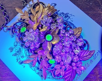 Bridgerton style necklace, Assemblage Upcycled glow glass necklace by Sacred Cake "Atomic Garden"