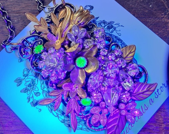 Bridgerton style necklace, Assemblage Upcycled glow glass necklace by Sacred Cake "Atomic Garden"