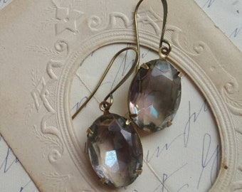 Statement Earrings: Vintage Grey Iridescent Rhinestone, Antiqued Brass