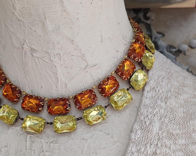 Vintage Citrine Rhinestone Collet Necklace: Gold Statement Jewelry