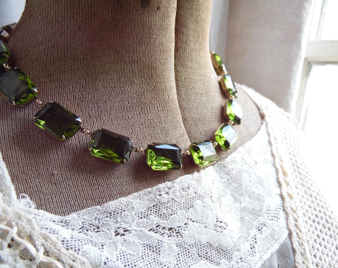 Georgian Style Green Crystal Collet Necklace: Handmade Statement Jewelry