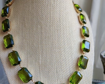 Olive Green Rhinestone Statement Necklace: Gold Plated Collet, 16"