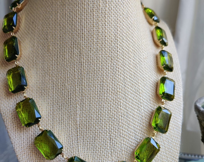 Olive Green Rhinestone Statement Necklace: Gold Plated Collet, 16"