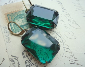 Statement earrings, emerald earrings , rhinestone earrings, estate jewelry, vintage earrings, green statement earrings, SacredCake on Etsy