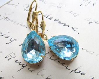 statement earrings, vintage aquamarine, rhinestone drop earrings, Downtown Abbey earrings, aqua blue, blue wedding earrings. "Simplicity".