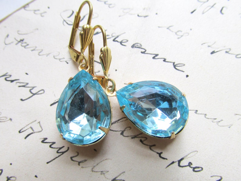 statement earrings, vintage aquamarine, rhinestone drop earrings, Downtown Abbey earrings, aqua blue, blue wedding earrings. Simplicity. image 1