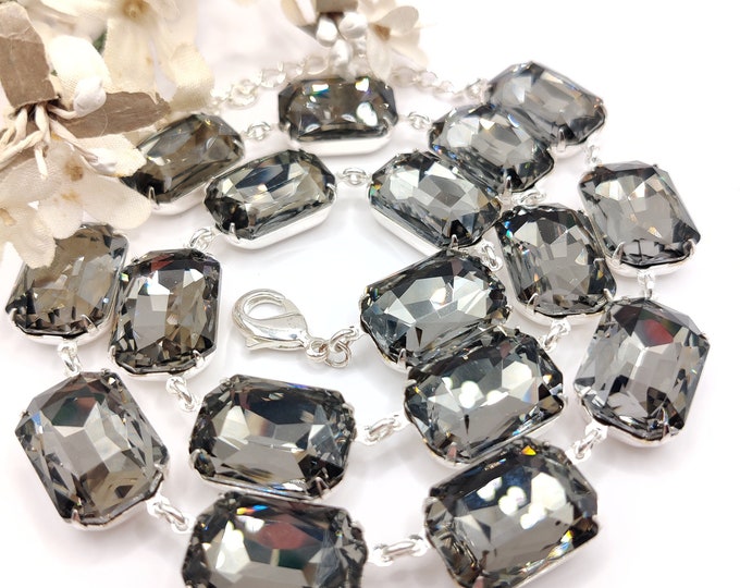 Smoky Grey Crystal Statement Necklace: Silver Plated Collet, Party Wedding Jewelry