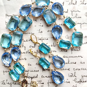blue statement necklace, Georgian necklace,  aquamarine sapphire necklace, light blue necklace, collet necklace, edwardian jewelry.