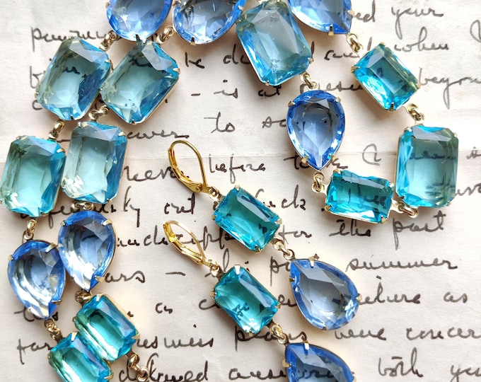 Aquamarine Sapphire Blue Statement Necklace: Vintage Swarovski Crystal Collet