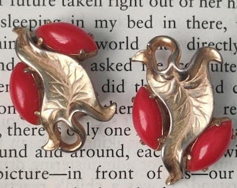 RARE vintage signed Schiaparelli leaf leaves clip earrings, patented mid century modern earrings