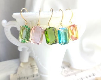 Clear Crystal Multicolor Gold Octagon Earrings, your choice of color by Sacred Cake