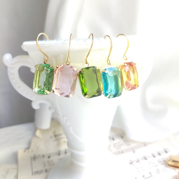 Clear Crystal Multicolor Gold Octagon Earrings, your choice of color by Sacred Cake