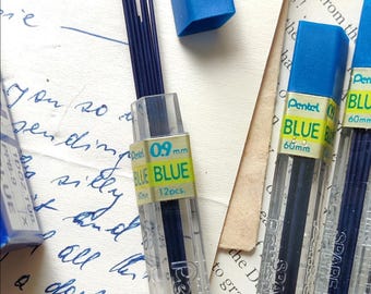 Vintage mid century mcm blue .09 Pentel pencil leads refill, 12 leads per package.