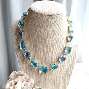 blue statement necklace, Georgian necklace,  aquamarine sapphire necklace, light blue necklace, collet necklace, edwardian jewelry.