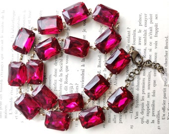 Fuchsia Rhinestone Necklace: Handmade Antiqued Brass Collet Collier