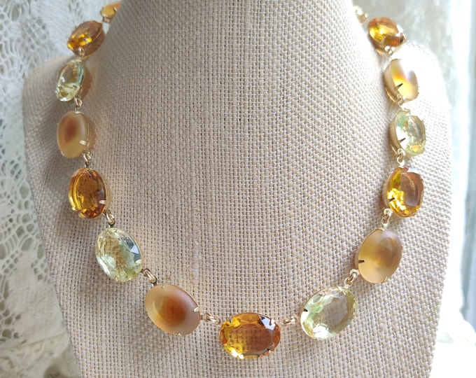 Vintage Rhinestone Collet Necklace: Handmade Gold Fall Statement Piece