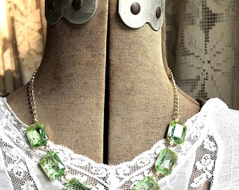 Pale Green Crystal Statement Collet Necklace: Vintage style Rhinestone Jewelry