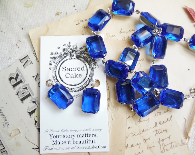 Blue Crystal Statement Necklace Set: Anna Wintour Style, FREE Earrings