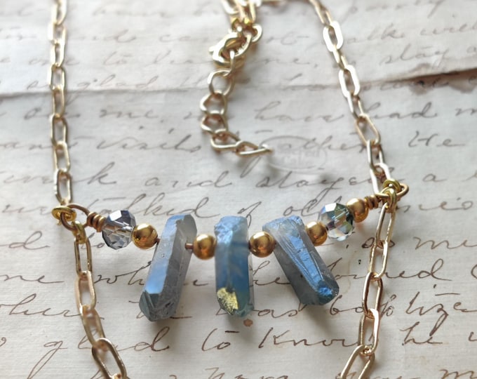 Gold plated paperclip chain and raw crystal handmade necklace