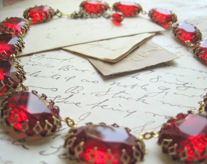 Handmade Ruby Red Statement Necklace: Vintage French Collet