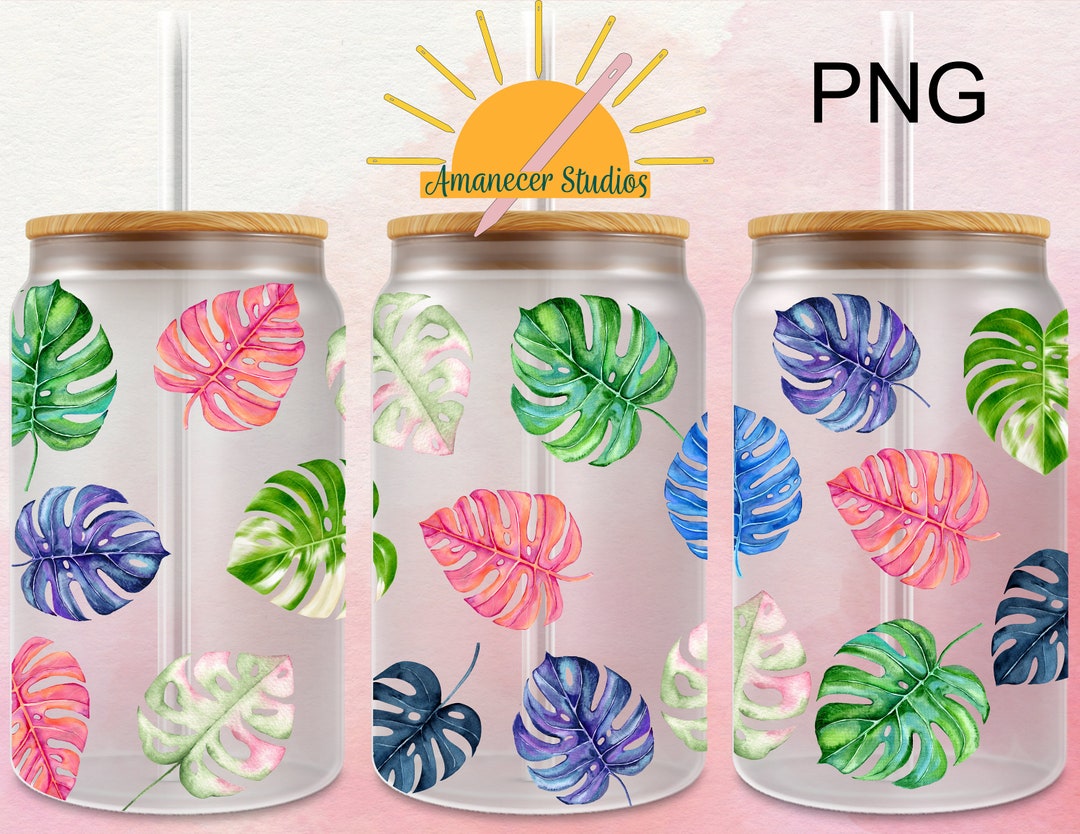 Watercolor Colorful Monstera Libbey PNG Cup Wrap 16oz UV DTF Commercial ...