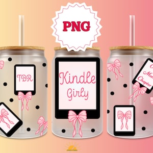 Kindle Girly Bookish Girlie tijdperk boeken PNG Coquette roze zwarte roetvlek 16oz Libbey wrap sterren boeken tshirt Valentines commercieel gebruik lente bogen