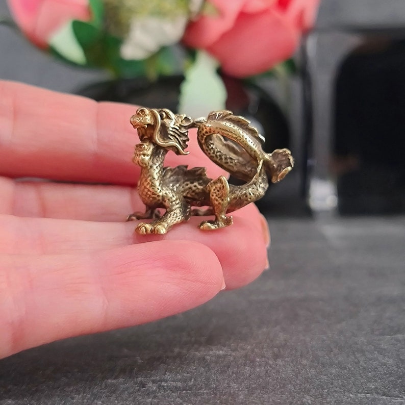 May include: A small, gold-colored brass dragon figurine with intricate details. The dragon is curled up with its tail in its mouth.