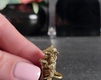 Miniature brass rat figurine Collectible animal figurine Cute knick knacks for desk decor Brass rat with  book