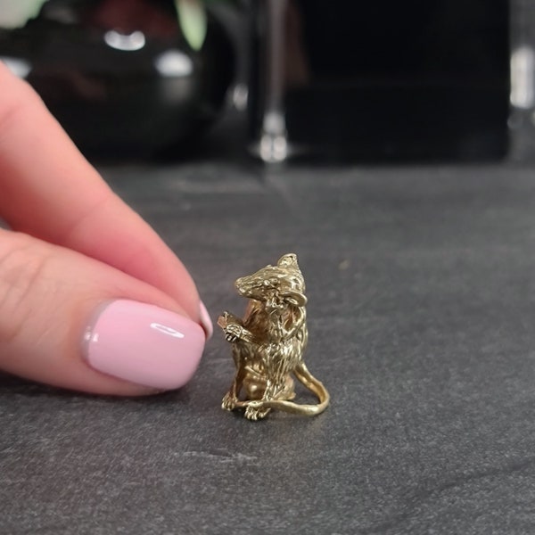 Miniature brass rat figurine Collectible animal figurine Cute knick knacks for desk decor Brass rat with  book