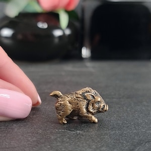 Könnte beinhalten: Eine kleine, bronzefarbene Figur eines laufenden Wildschweins. Die Figur ist detailliert mit einer strukturierten Oberfläche und einer realistischen Darstellung der Merkmale des Wildschweins.