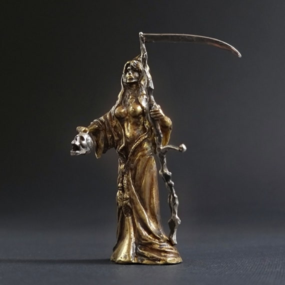 Handmade fantasy sculpture Death with a scythe brass statue Dark goddess Dark academia decor desk Unique gift ideas
