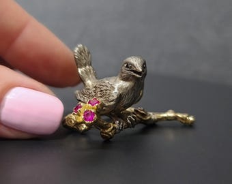 Brass bird figurine Tiny home decor Bird on a branch statue Bird ornament Flowers with  genuine ruby Christmas gifts for her