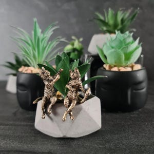 Op de afbeelding: Een decoratief arrangement met kleine vetplanten in potten en een paar bronzen kattenbeeldjes. De katten poseren speels op een geometrische betonnen plantenbak. De potten zijn zwart met een gezichtsontwerp en de planten hebben groene bladeren.