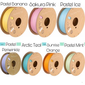 May include: Assortment of ten spools of PolyTerra PLA filament in various pastel colors, including pastel banana, sakura pink, pastel ice, pastel periwinkle, arctic teal, sunrise orange, and pastel mint.