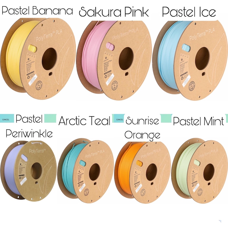 May include: Assortment of ten spools of PolyTerra PLA filament in various pastel colors, including pastel banana, sakura pink, pastel ice, pastel periwinkle, arctic teal, sunrise orange, and pastel mint.