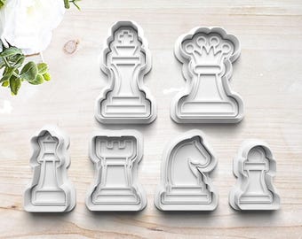 Chess Cookie Cutter Set | Clay Fondant Stamp Embosser | Queen | King | Rook | Pawn | Castle | Bishop | Gift for Chess Lover | Customizable