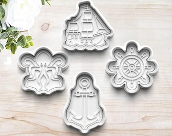 Pirate Cookie Cutter Set | Polymer Clay Fondant Stamp | Embosser | Gift for Pirate Fan | Ship | Nautical | Octopus | Anchor | Customizable
