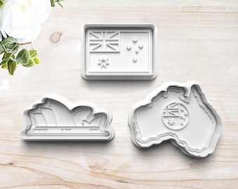 Australia Cookie Cutter Set | Clay Fondant Stamp Embosser | Australian Flag | Sydney Opera | Australia Pride | 3D Printed | Customizable