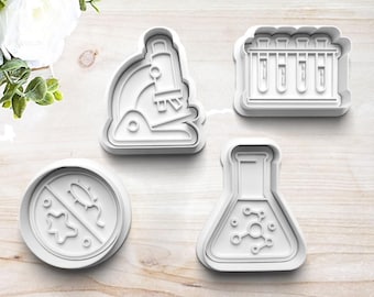 Science Cookie Cutter Set | Clay Fondant Stamp Embosser | Gift for Scientist | Science Lover | Microscope Test Tubes Beaker Cell Culture