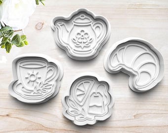 Tea Time Cookie Cutter Set | Clay Fondant Stamp Embosser | Gift for Tea Lover | Teapot | Croissant | Teacup | Tea Bag | 3D Printed | Custom